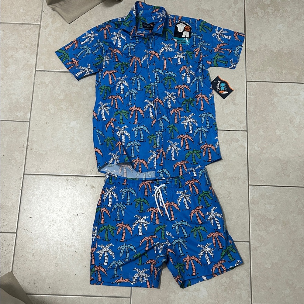 Blue Palm Tree Print Shirt and Shorts Set